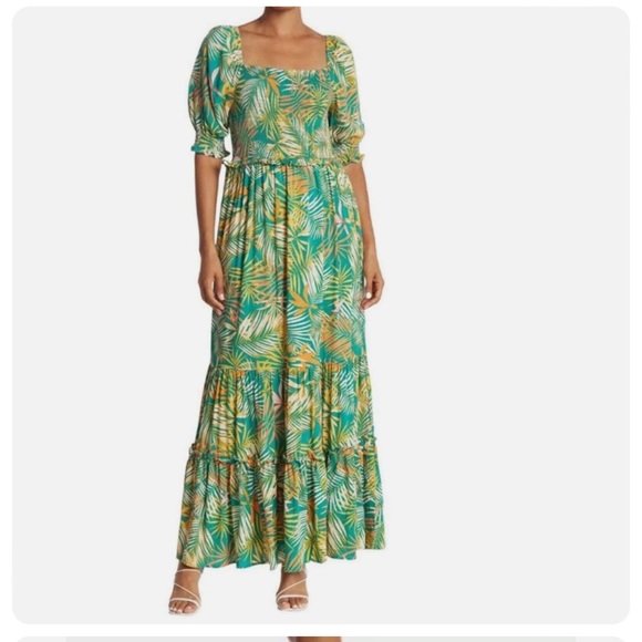 Betsey Johnson Dresses & Skirts - Betsy Johnson smocked teal palm print maxi dress size L